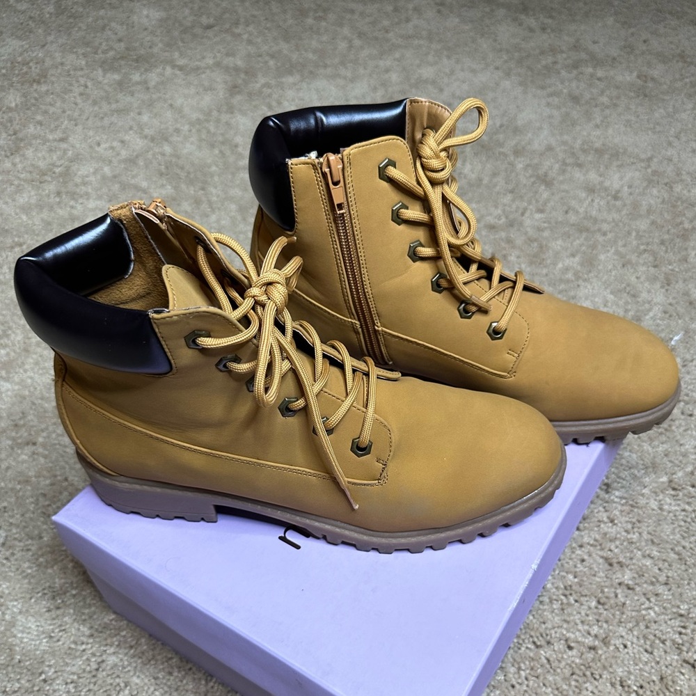 Madden Girl camel laced utility boots w/ side zip and black leather on the ankle